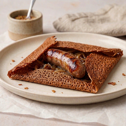 Galette saucisse et sa compotée d'oignons