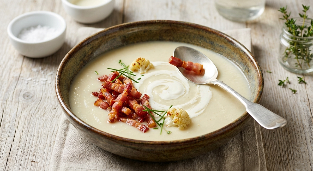 Velouté de chou-fleur aux lardons croustillants